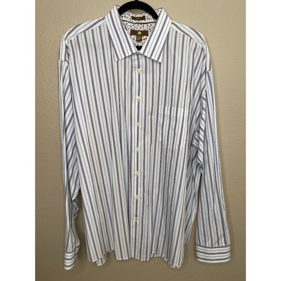 Egara Mens Slim Fit White Shirt 3X Striped Long Sleeve Button-Up Cotton Brown - Picture 2 of 7
